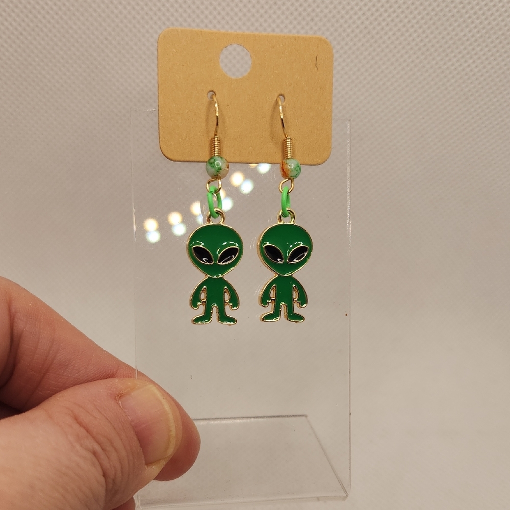 Green Alien Dangle Earrings